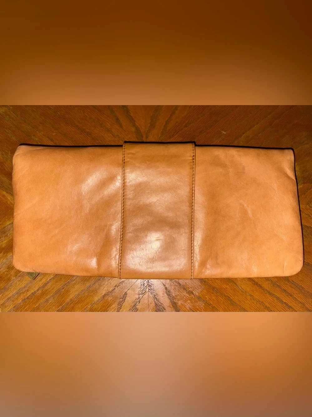 HOBO International Tan Leather Foldover Bow O-Ring Clutch Vintage